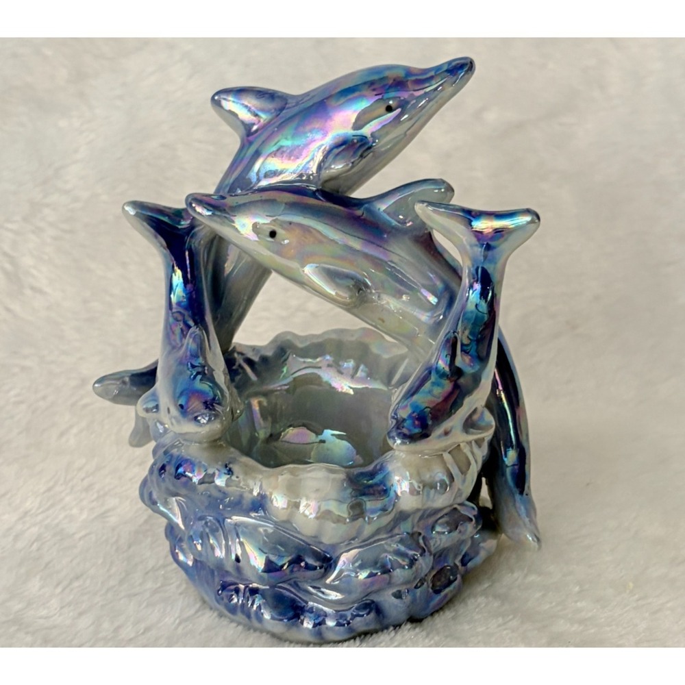 Iridescent Blue Ceramic Dolphin Family Statue Nautical Beach House Decor Vintage